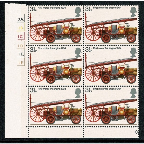 1974 Fire Service 3½p. Cyl. 3A 1B 1C 1D 1E 1F  p57 dot block of six.  SG 950