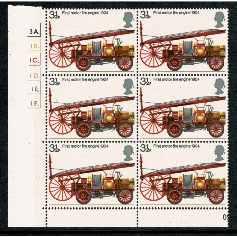 1974 Fire Service 3½p. Cyl. 3A 1B 1C 1D 1E 1F  p57 dot block of six.  SG 950