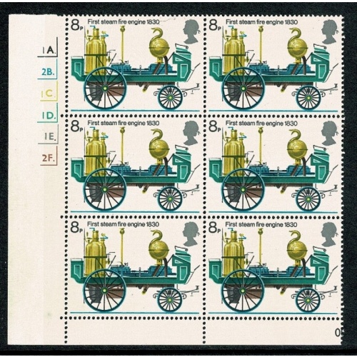 1974 Fire Service 8p. Cyl. 1A 2B 1C 1D 1E 2F dot block of six.  SG 952