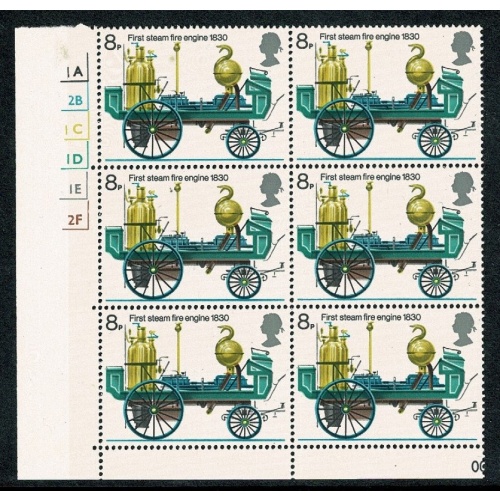 1974 Fire Service 8p. Cyl. 1A 2B 1C 1D 1E 2Fno dot block of six.  SG 952