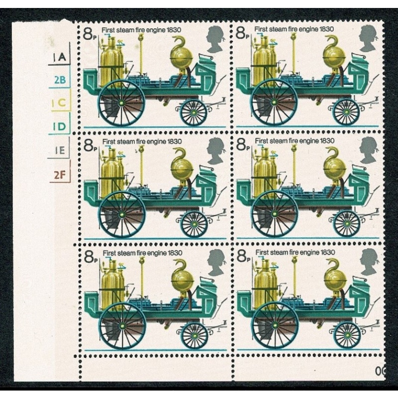 1974 Fire Service 8p. Cyl. 1A 2B 1C 1D 1E 2Fno dot block of six.  SG 952