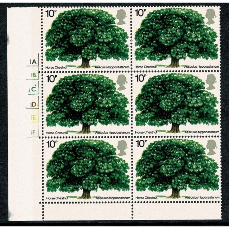 1974 Tree 10p. Cyl. 1A 1B 1C 1D 1E 1F dot block of six.  SG 949