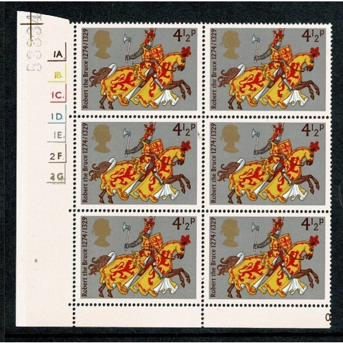 1974 Medieval Warriors 4½p. Cyl. 1A 1B 1C 1D 1E 2F 2G dot block of six. SG 958