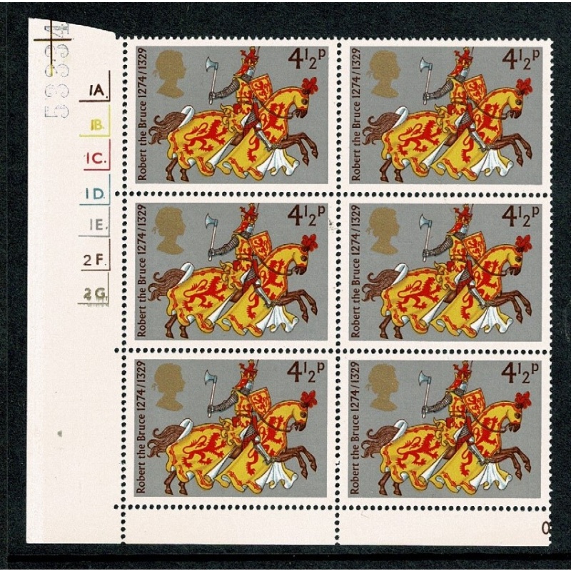 1974 Medieval Warriors 4½p. Cyl. 1A 1B 1C 1D 1E 2F 2G dot block of six. SG 958