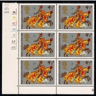 1974 Medieval Warriors 4½p. Cyl. 1A 1B 1C 1D 1E 2F 2G no dot block of six. SG 958