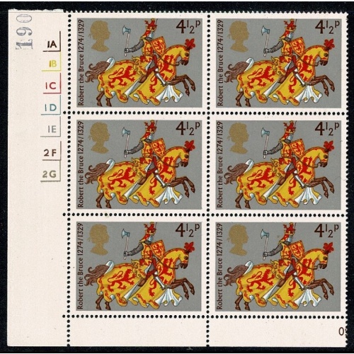 1974 Medieval Warriors 4½p. Cyl. 1A 1B 1C 1D 1E 2F 2G no dot block of six. SG 958
