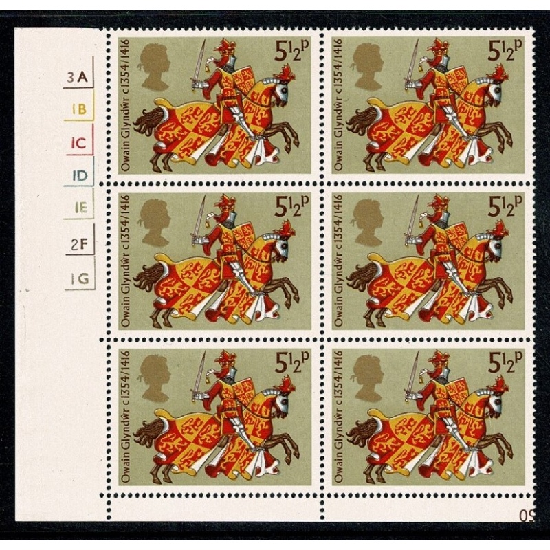 1974 Medieval Warriors 5½p. Cyl. 3A 1B 1C 1D 1E 2F 1G no dot block of six. SG 959