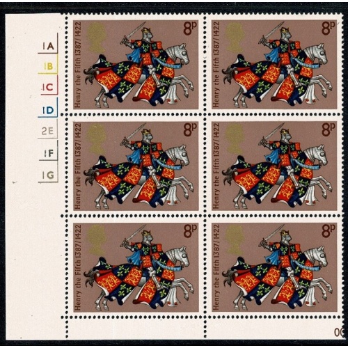1974 Medieval Warriors 8p. Cyl. 1A 1B 1C 1D 2E 1F 1G no dot block of six. SG 960