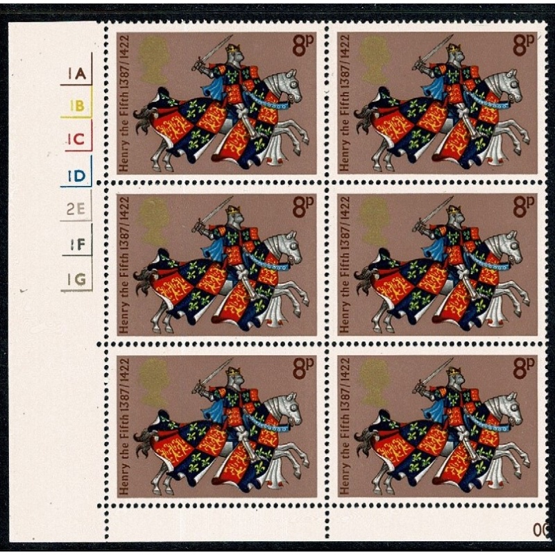 1974 Medieval Warriors 8p. Cyl. 1A 1B 1C 1D 2E 1F 1G no dot block of six. SG 960