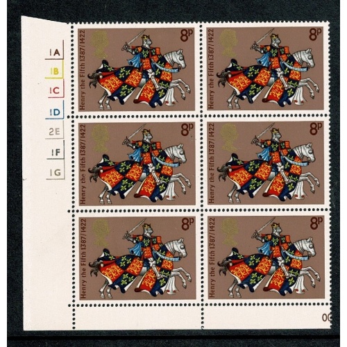 1974 Medieval Warriors 8p. Cyl. 1A 1B 1C 1D 2E 1F 1G  no dot block of six. SG 960