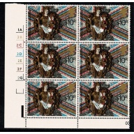 1974 Christmas 10p. Cyl. 1A 3B 2C 3D 2E 2F 2G no dot block of six. SG 969