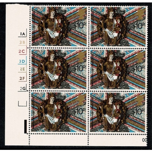 1974 Christmas 10p. Cyl. 1A 3B 2C 3D 2E 2F 2G no dot block of six. SG 969
