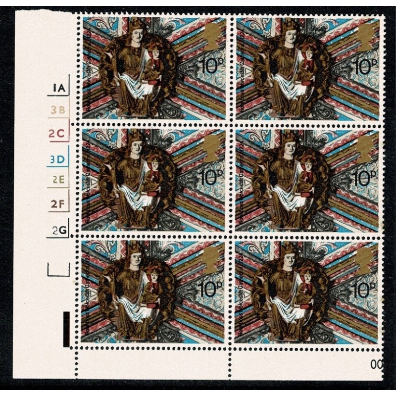 1974 Christmas 10p. Cyl. 1A 3B 2C 3D 2E 2F 2G no dot block of six. SG 969