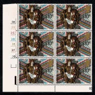 1974 Christmas 10p. Cyl. 1A 3B 2C 3D 2E 2F 2G no dot block of six. SG 969