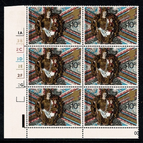1974 Christmas 10p. Cyl. 1A 3B 2C 3D 2E 2F 2G no dot block of six. SG 969
