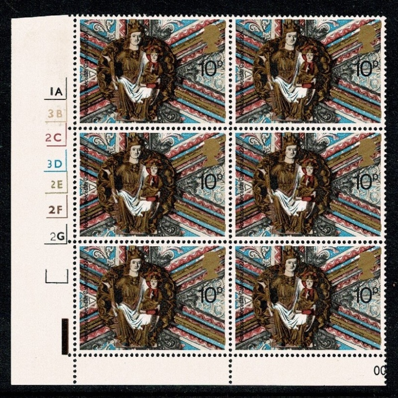 1974 Christmas 10p. Cyl. 1A 3B 2C 3D 2E 2F 2G no dot block of six. SG 969