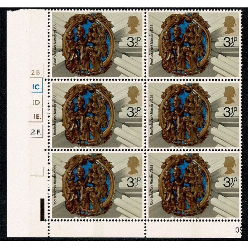 1974 Christmas 3½p.  Centre Band  Cyl. 2B 1C 1D 1E 2F  p58 varnish p59 phosphor dot block of six. SG 966 var