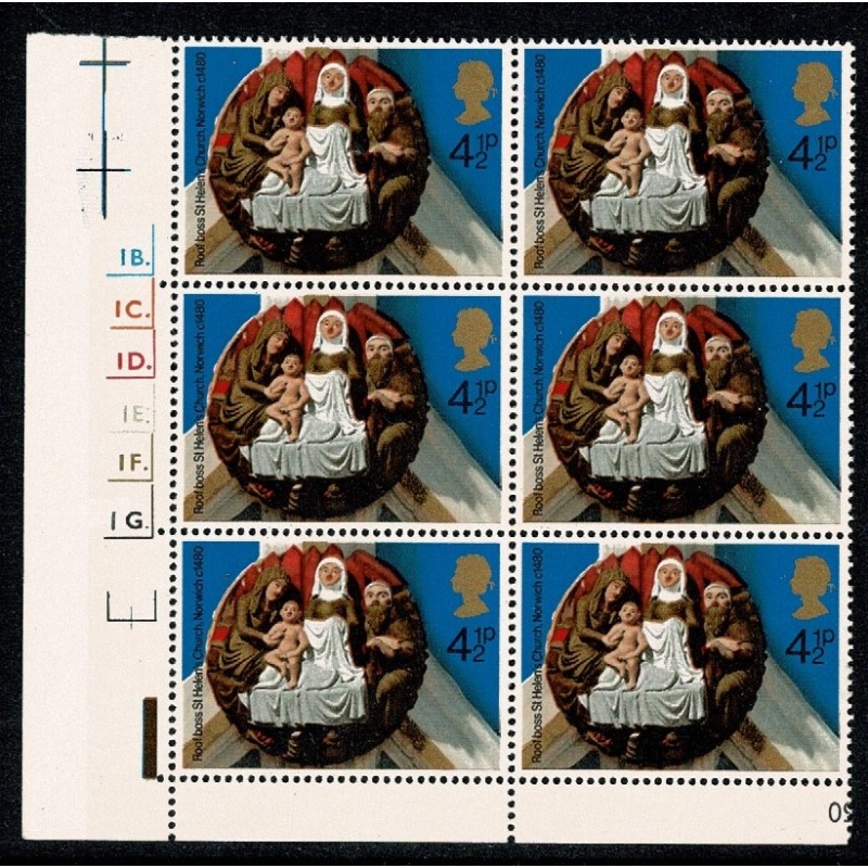 1974 Christmas 4½p.  Cyl. 1B 1C 1D 1E 1F 1G  p58 dot block of six. SG 967