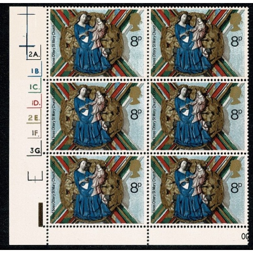 1974 Christmas 8p. Cyl. 2A 1B 1C 1D 2E 1F 3G dot block of six. SG 968