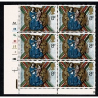 1974 Christmas 8p. Cyl. 2A 1B 1C 1D 2E 1F 3G no dot block of six. SG 968