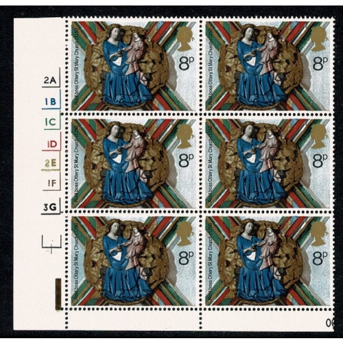1974 Christmas 8p. Cyl. 2A 1B 1C 1D 2E 1F 3G no dot block of six. SG 968