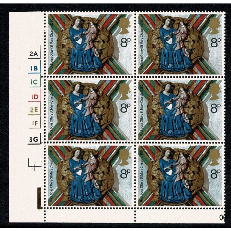 1974 Christmas 8p. Cyl. 2A 1B 1C 1D 2E 1F 3G no dot block of six. SG 968