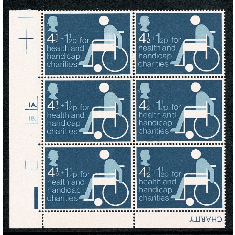 1975 Health 4½p + 1½p Cyl. 1! 1B p60 dot block of six. SG 970