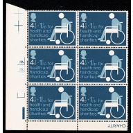 1975 Health 4½p + 1½p Cyl. 1A 1B p60 dot block of six. SG 970