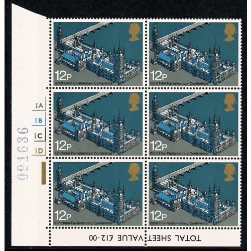 1975 Parliament 12p. Cylinder 1A1B1C1D no dot block of six.