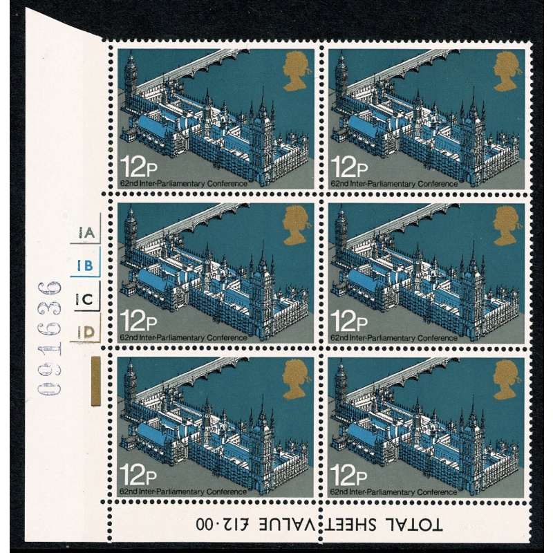 1975 Parliament 12p. Cylinder 1A1B1C1D no dot block of six.