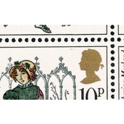 1975 Jane Austen 10p. Listed constant variety "magenta dots left of Queen's head". SG 990 var