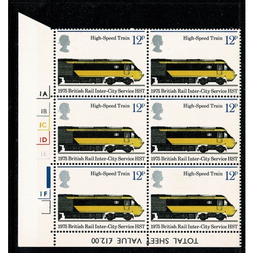 1975 Railways 12p. Cyl. 1A 1B 1C 1D 1E 1F P61 no dot block of six.  SG 987