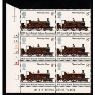 1975 Railways 8p. Cyl. 1A 1B 1C 1D 1E 1F p61 Dot block of six.