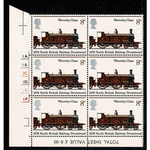 1975 Railways 8p. Cyl. 1A 1B 1C 1D 1E 1F p61 Dot block of six.