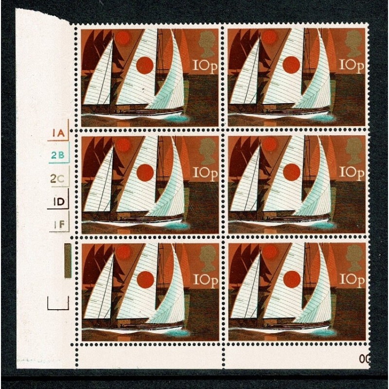 1975 Sailing 10p. 1st printing (dark orange) Cyl. 1A 2B 2C 1D 1F no dot block of six. SG 982