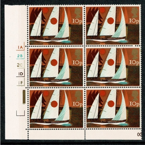 1975 Sailing 10p. 1st printing (dark orange) Cyl. 1A 2B 2C 1D 1F no dot block of six. SG 982