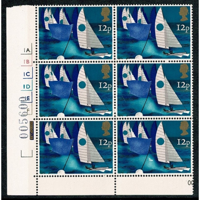 1975 Sailing 12p. Cyl. 1A 1B 1C 1D 1F no dot block of six. SG 983