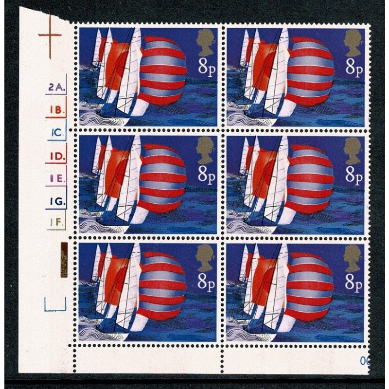 1975 Sailing 8p. Cyl. 2A 1B 1C 1D 1E 1G 1F dot block of six. SG 982