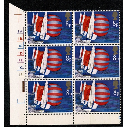1975 Sailing 8p. Cyl. 2A 1B 1C 1D 1E 1G 1F no phos dot block of six. SG 981