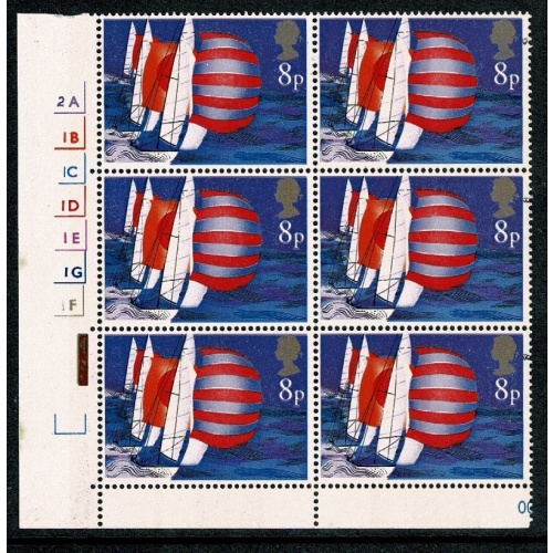 1975 Sailing 8p. Cyl. 2A 1B 1C 1D 1E 1G 1F no dot block of six. SG 982