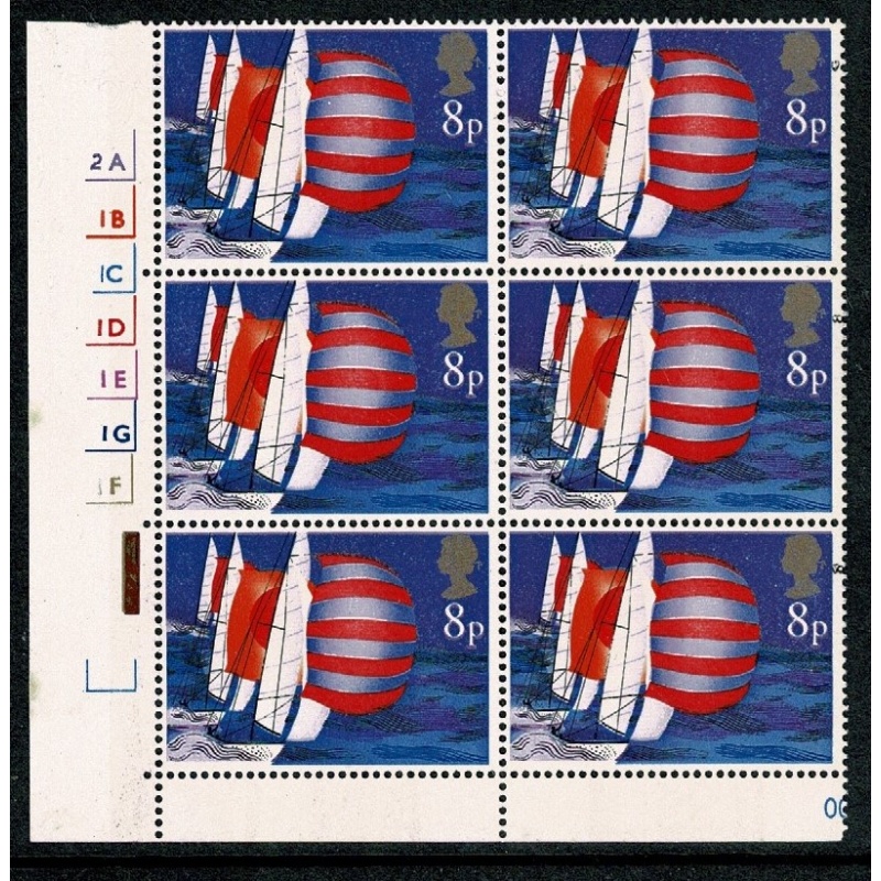 1975 Sailing 8p. Cyl. 2A 1B 1C 1D 1E 1G 1F no dot block of six. SG 982