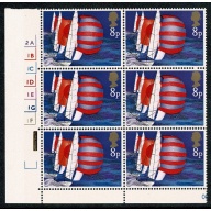 1975 Sailing 8p. Cyl. 2A 1B 1C 1D 1E 1G 1F no dot block of six. SG 982