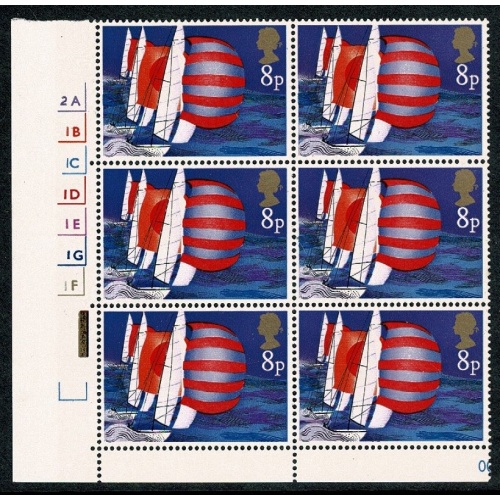 1975 Sailing 8p. Cyl. 2A 1B 1C 1D 1E 1G 1F no dot block of six. SG 982