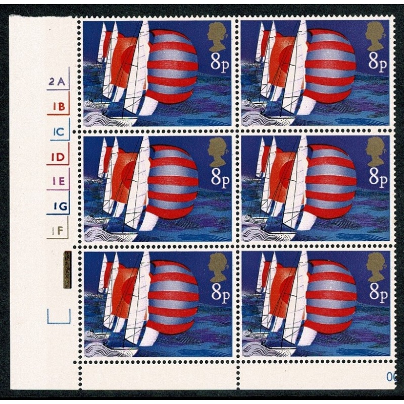 1975 Sailing 8p. Cyl. 2A 1B 1C 1D 1E 1G 1F no dot block of six. SG 982
