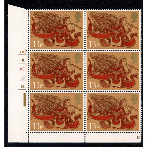 1975 Christmas 13p. Cyl. 1A 1B 1C 1D 1E  no phos dot block of six.  SG 996