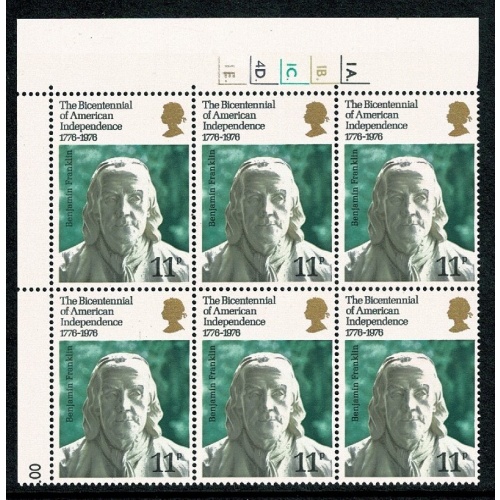 1976 Bicentenary 11p. Cyl. 1A 1B 1C 4D 1E p62 dot block of six. SG 1005