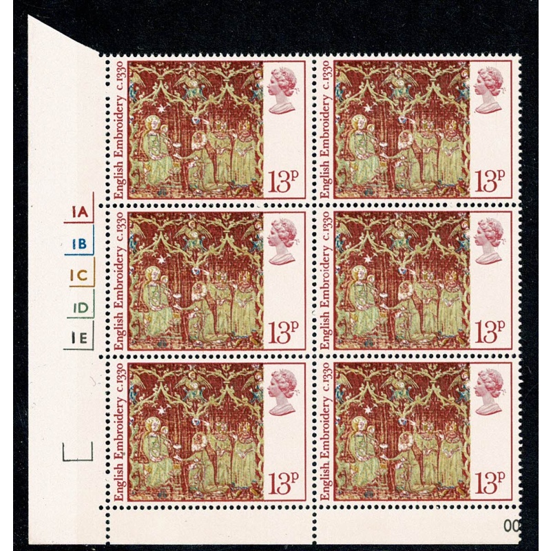 1976 Christmas 13p Cyl. 1A 1B 1C 1D 1E no dot block of six.