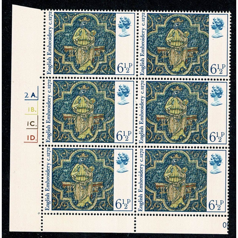 1976 Christmas 6½p Cyl. 2A 1B 1C 1D p64 dot block of six.