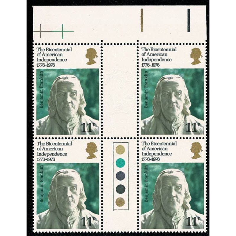 1976 Bicentenary 11p. Traffic light gutter block. SG 1005