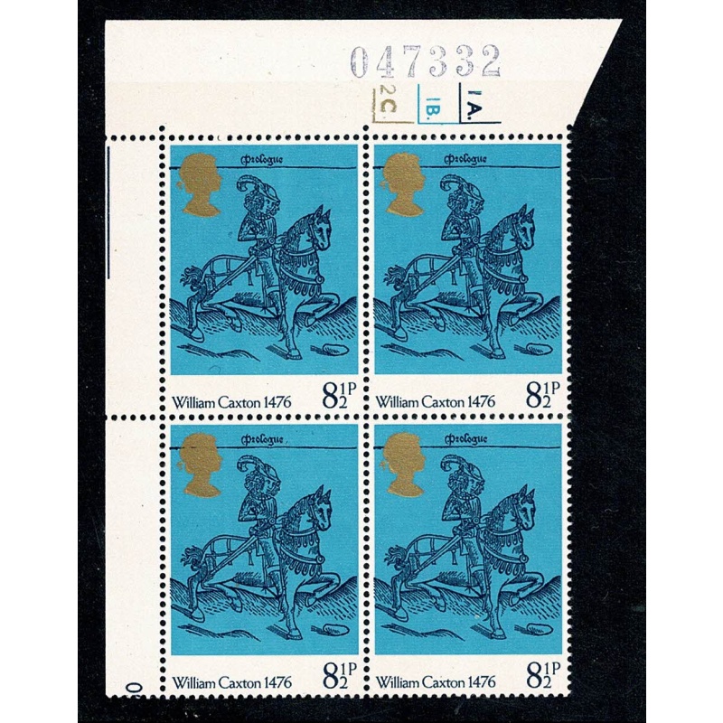1976 Printing 8½p. Cyl. 1A 1B 2C dot block of four with listed constant variety. SG 1014 var